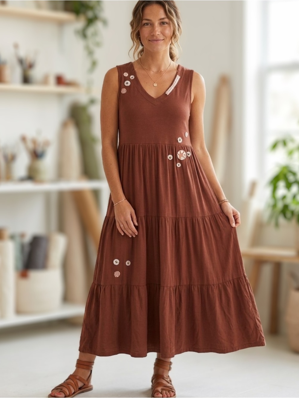 Joseph Ribkoff Upcycled Sleeveless Tiered Maxi Dress Rust Brown Boho Art  Bees